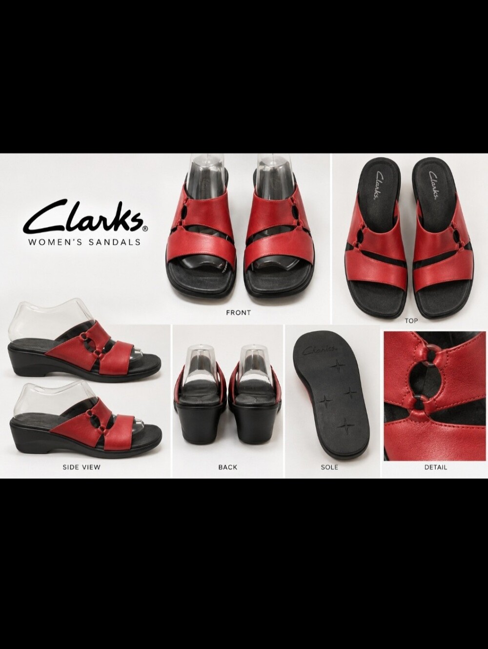 Clarks Women's Red Leather Slide Sandals with Low Wedge